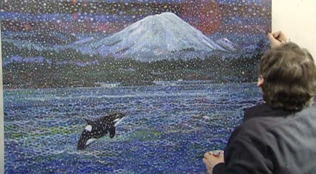 Alfredo Arreguin painting Mount Rainier and orca